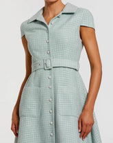 Light Blue Boucle Cap Sleeve Button Up Midi Dress